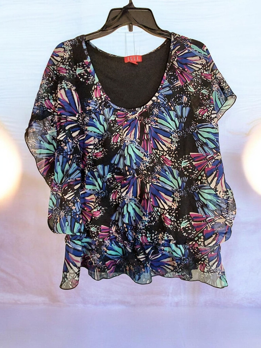 Elle Black Sheer Blouse with Blue, Purple & Teal Floral Print